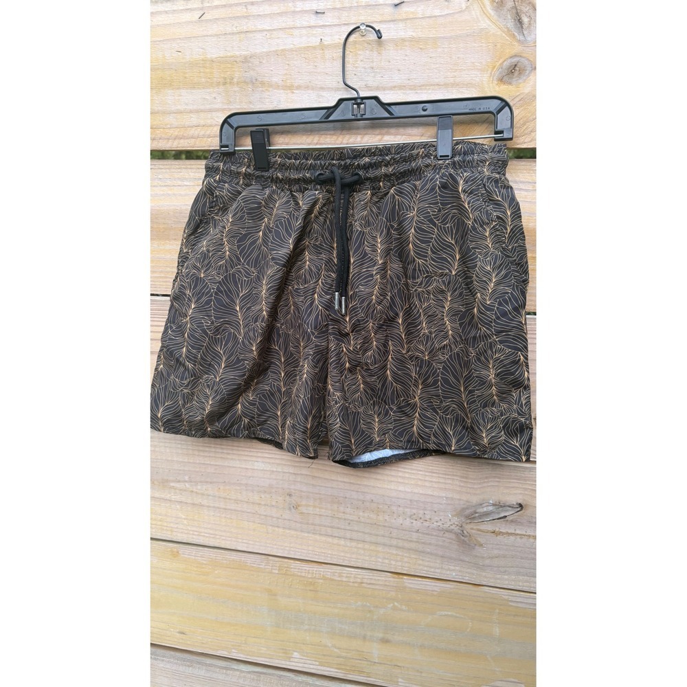 BoohooMAN Mens Swim Shorts Medium Black Gold Leaf Pattern Drawstring Mesh Lined
